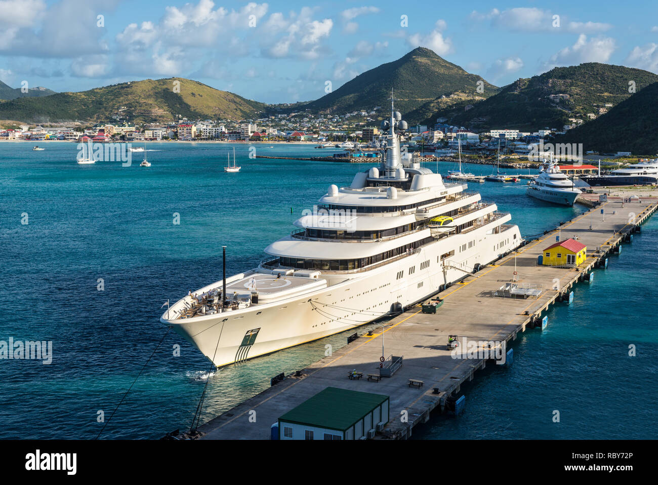 Philipsburg, St. Maarten - December 17, 2018: Private white luxury motor Superyacht Eclipse moored in Caribbean island of Sint Maarten - Saint Martin. Stock Photo