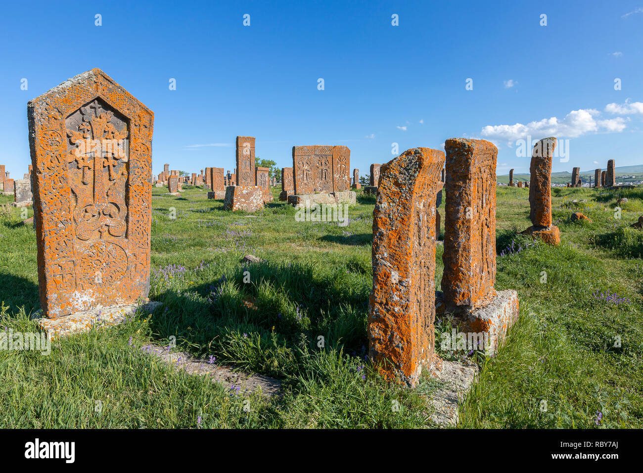 Ancient tombs and headtsones in the historical cemetery of Noratus in Armenia. Stock Photo