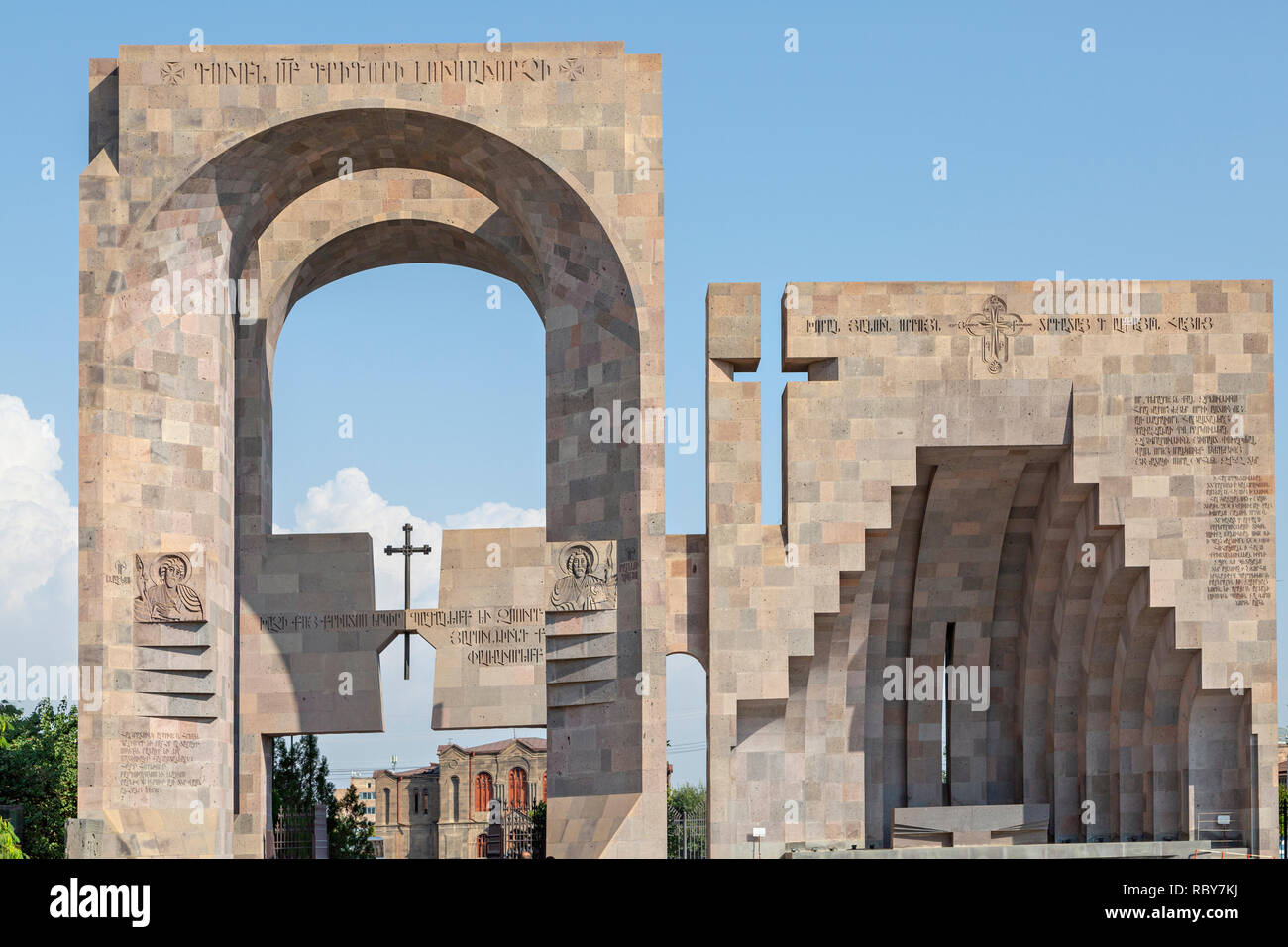 Monumental gate of the Etchmiadzin Cathedral, in Vagharshapat, Armenia Stock Photo