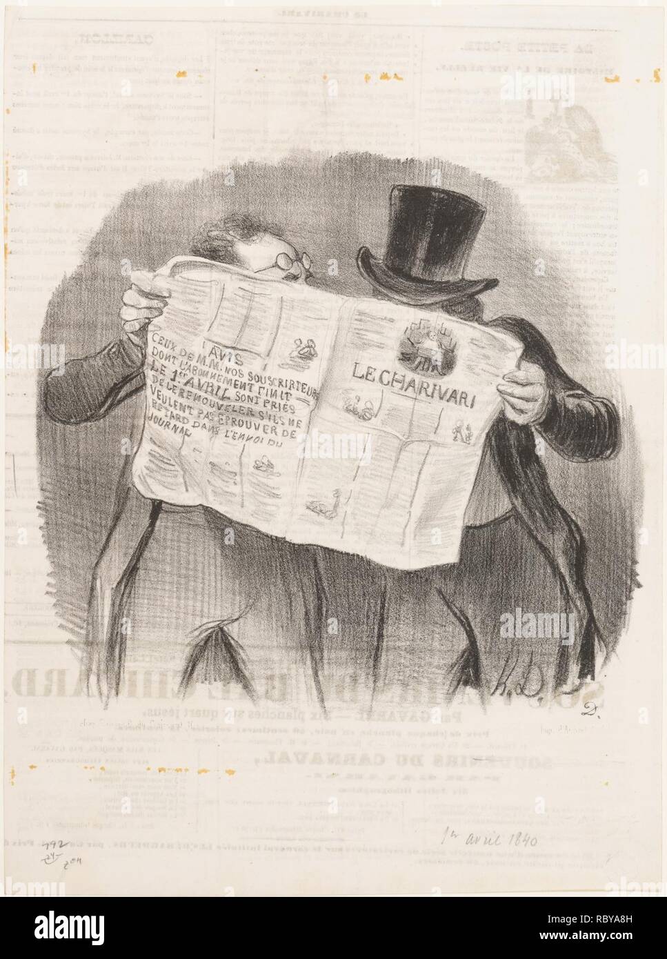 380673 Artist: Honor? Daumier, French, Marseilles 1808?1879 Valmondois, Advice to Subscribers, published in Le Charivari, April 1, 1840, April 1, 1840, Lithograph; first state of two (Delteil), Sheet: 13 1/8 ? 9 11/16 in. (33.3 ? 24.6 cm). Stock Photo