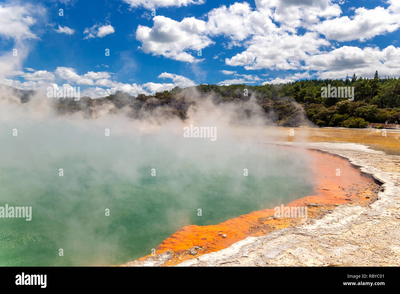 Famous thermal lake Champagne Pool in Wai-O-Tapu thermanl wonderland in Rotorua, New Zealand Stock Photo