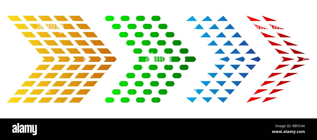 Set of colored arrows with halftone effect. Vector illustration. Arrows collection isolated Stock Vector