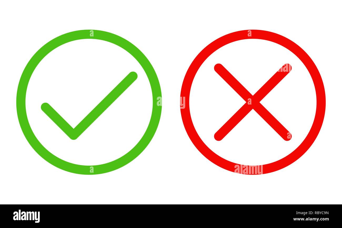 Yes and No check marks. Vector illustration. Red and green check marks on white background. Stock Vector