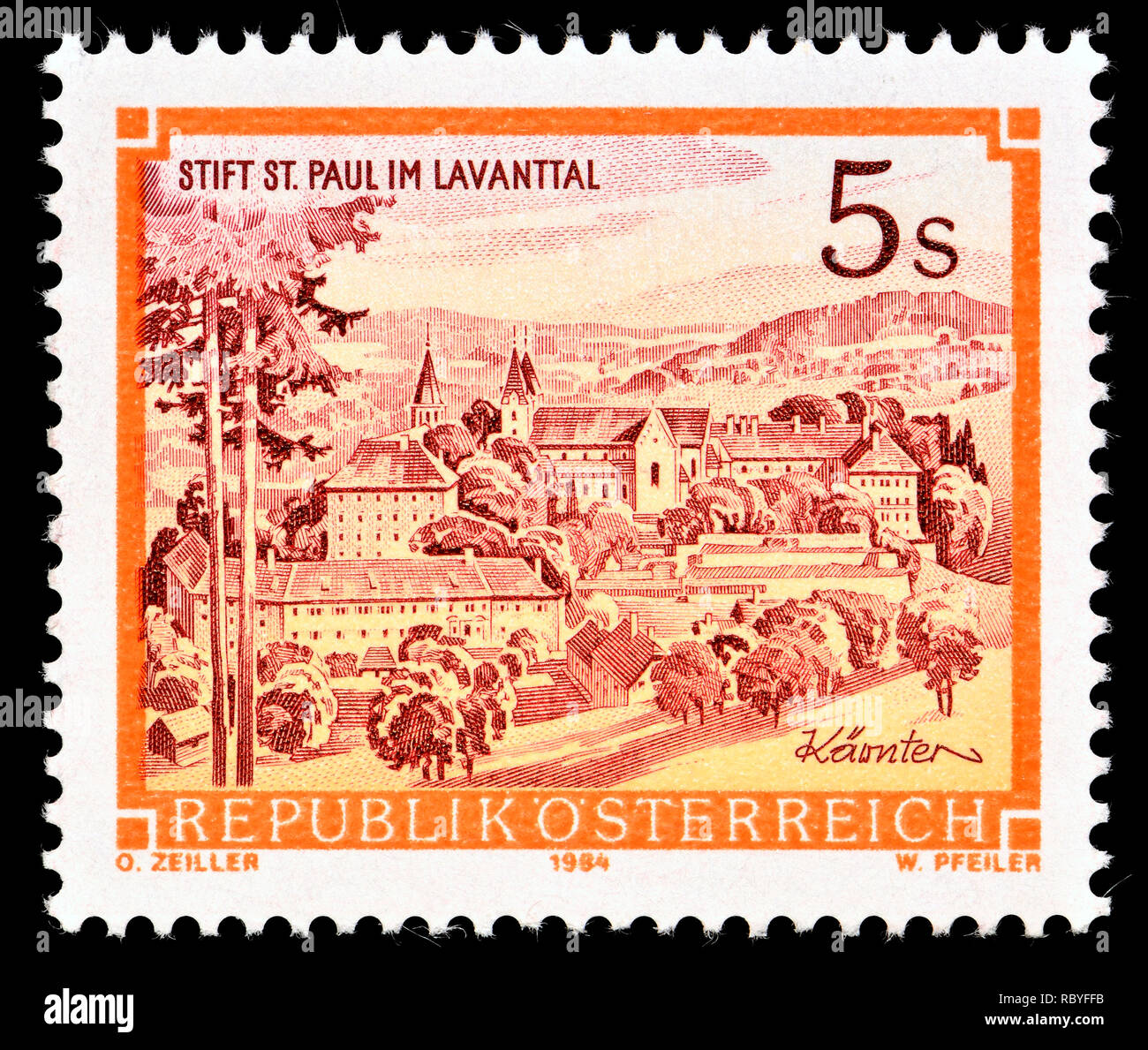 Austrian postage stamp (1984) : Monasteries and Abbeys series: Benedictine monastery St. Paul, Lavanttal Stock Photo