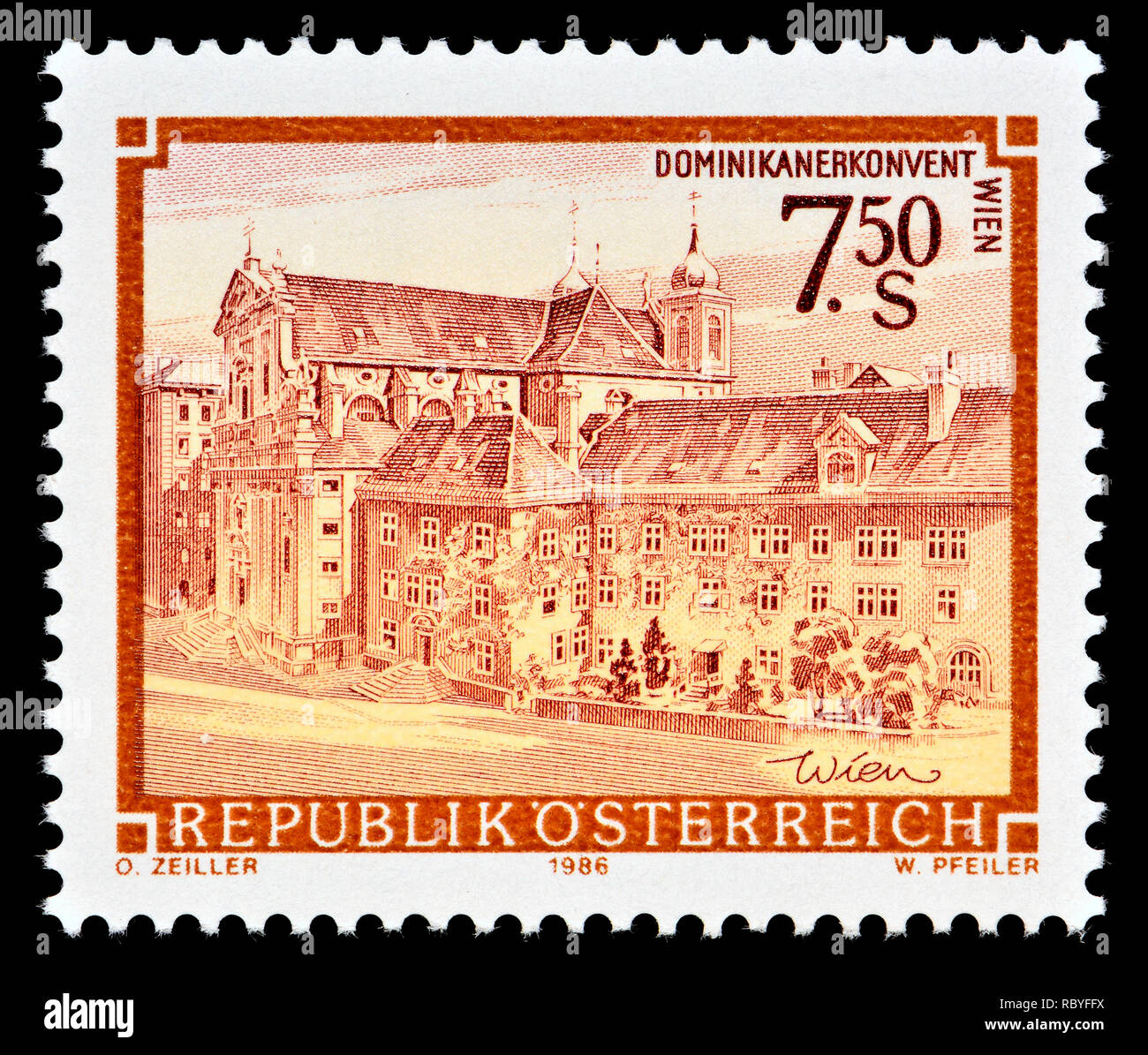 Austrian postage stamp (1986) : Monasteries and Abbeys series: Dominican Abbey, Vienna / Dominikanerkonvent Wien Stock Photo