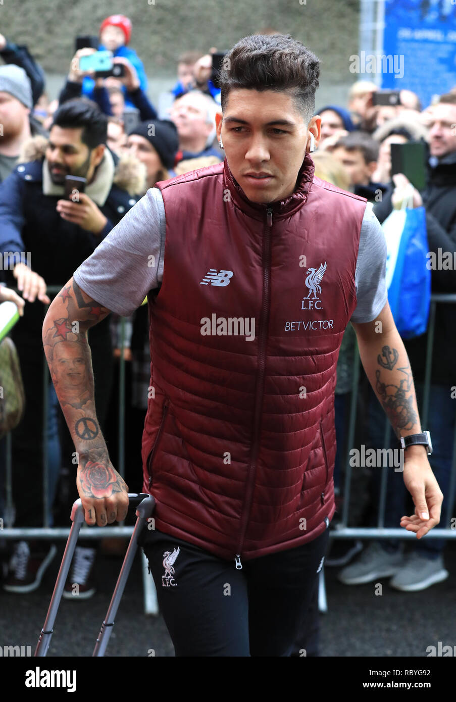 Liverpool's Roberto Firmino arrives at the stadium prior to the Premier League match at the AMEX Stadium, Brighton. PRESS ASSOCIATION Photo. Picture date: Saturday January 12, 2019. See PA story SOCCER Brighton. Photo credit should read: Gareth Fuller/PA Wire. RESTRICTIONS: No use with unauthorised audio, video, data, fixture lists, club/league logos or 'live' services. Online in-match use limited to 120 images, no video emulation. No use in betting, games or single club/league/player publications. Stock Photo