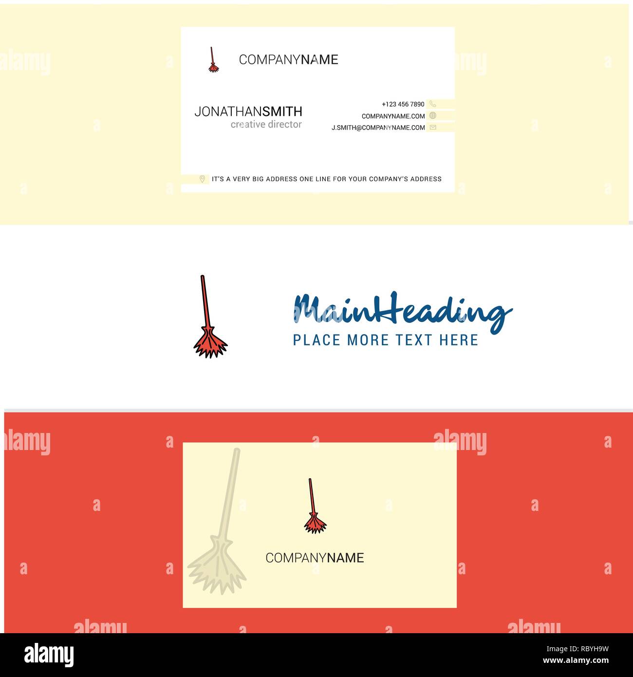 Beautiful Broom Logo and business card. vertical Design Vector Stock