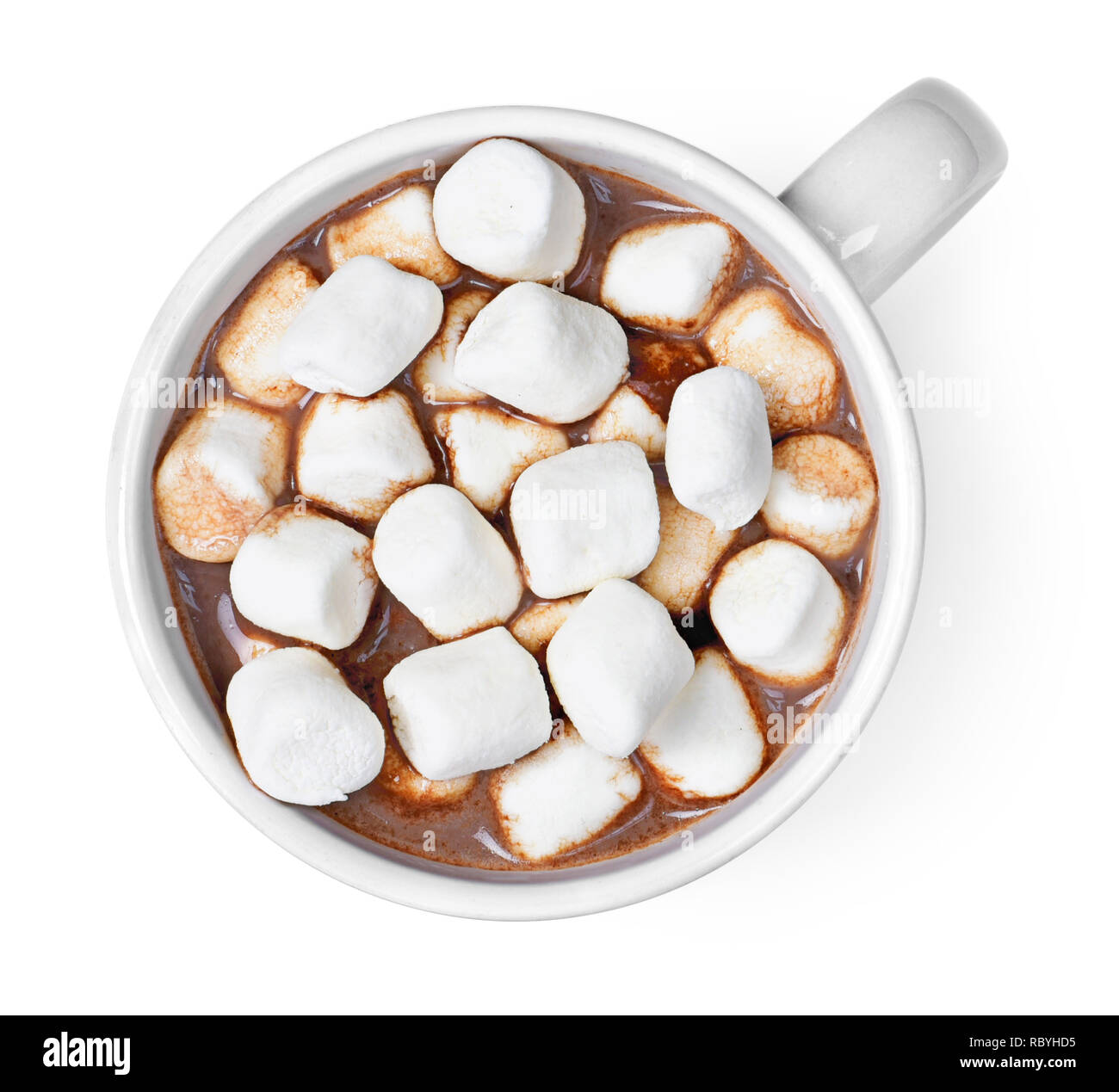 Hot chocolate or cocoa drink in a cup or mug. Top view of hot chocolate with marshmallows, isolated on white background. Stock Photo