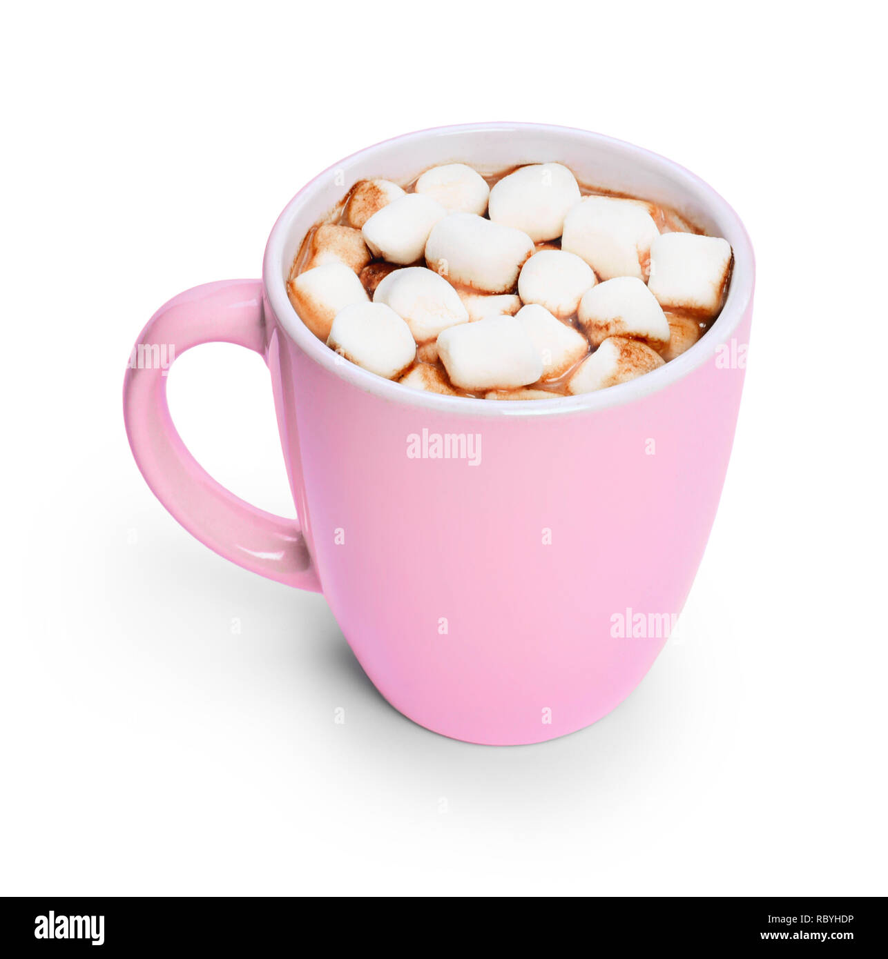 Hot chocolate or cocoa drink in a cup or mug. Top view of hot chocolate with marshmallows, isolated on white background. Stock Photo
