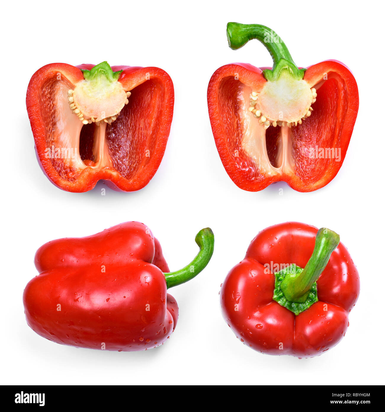 Red bell pepper, isolated on white background. Red Bell pepper, top view. Stock Photo