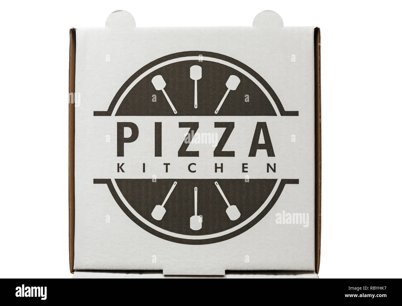 Pizza Kitchen pizza box set on white background looking down on from