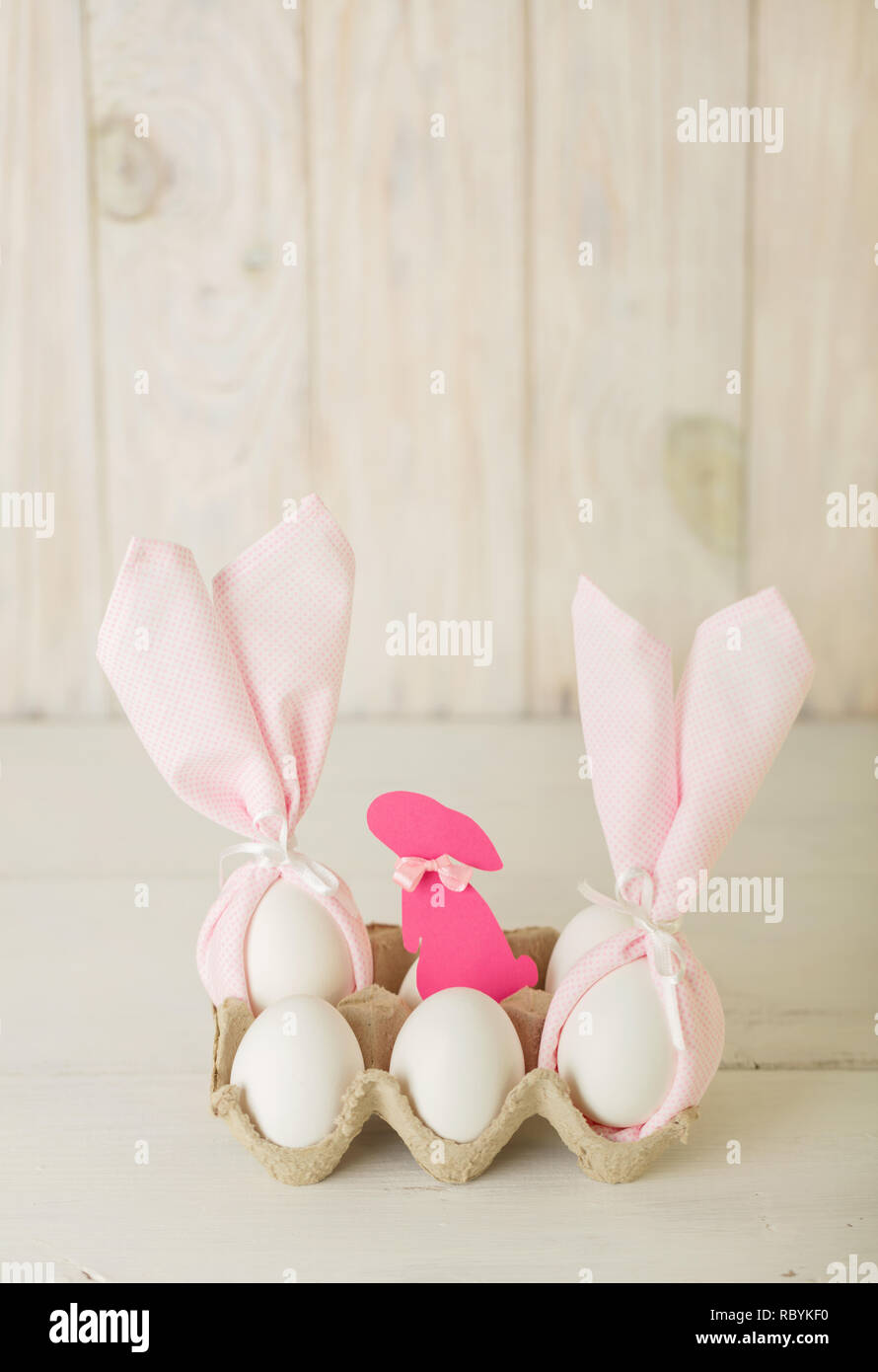 Happy Easter Decor Of Easter Eggs Napkins In The Form Of Ears Of Easter Rabbits Selective Focus Stock Photo Alamy