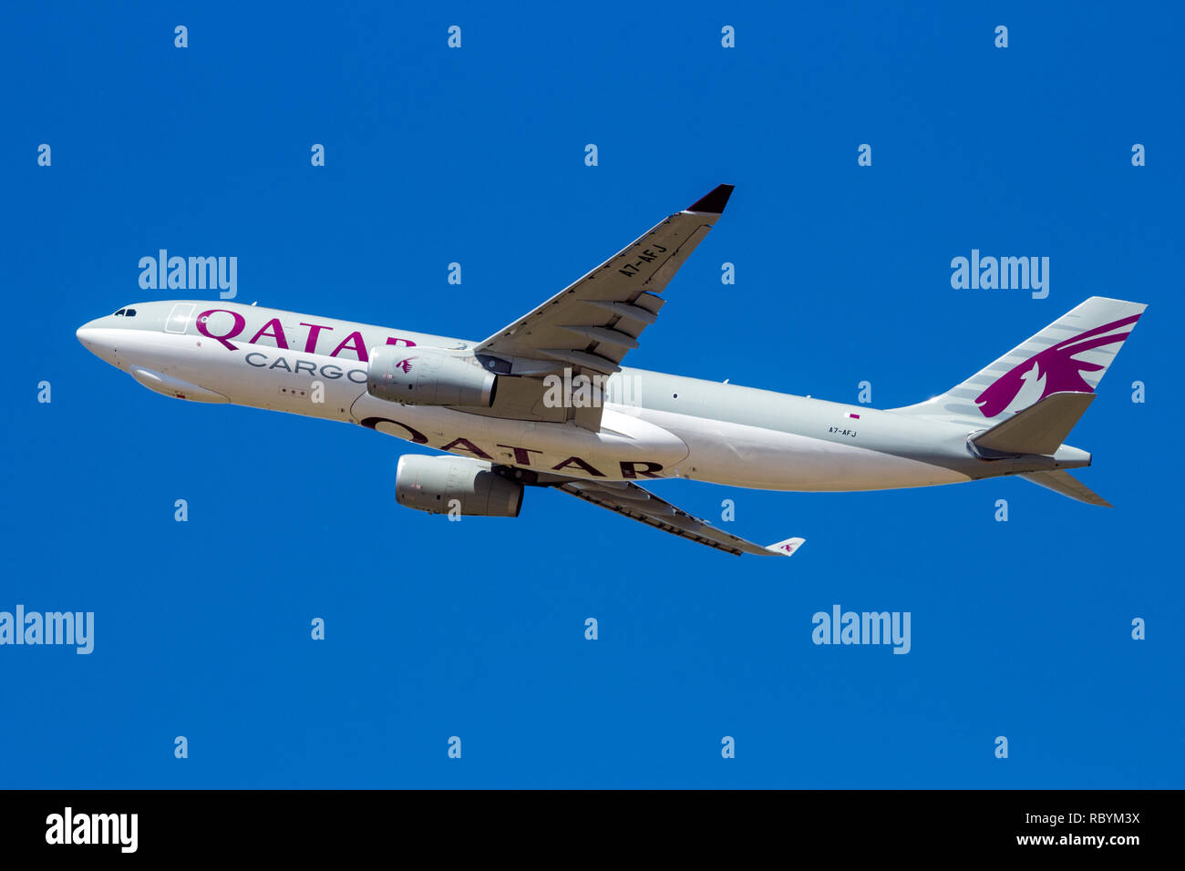 ZARAGOZA, SPAIN - MAY 20, 2016: Qatar Airways Cargo Airbus A330 transport plane taking off from Zaragoza Airport. Stock Photo