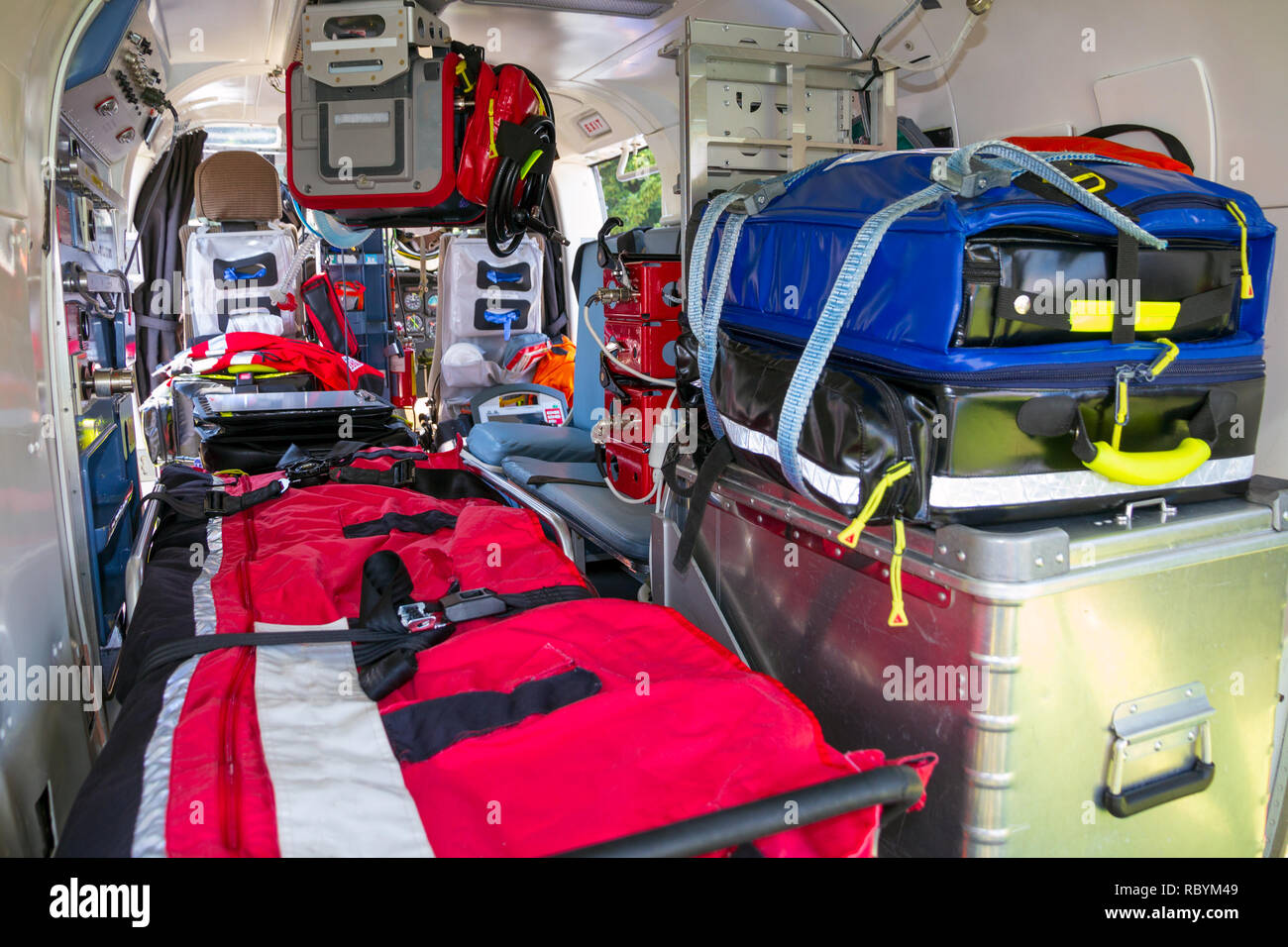 Stretcher and medical equipment in a Emergency medical services helicopter. Stock Photo
