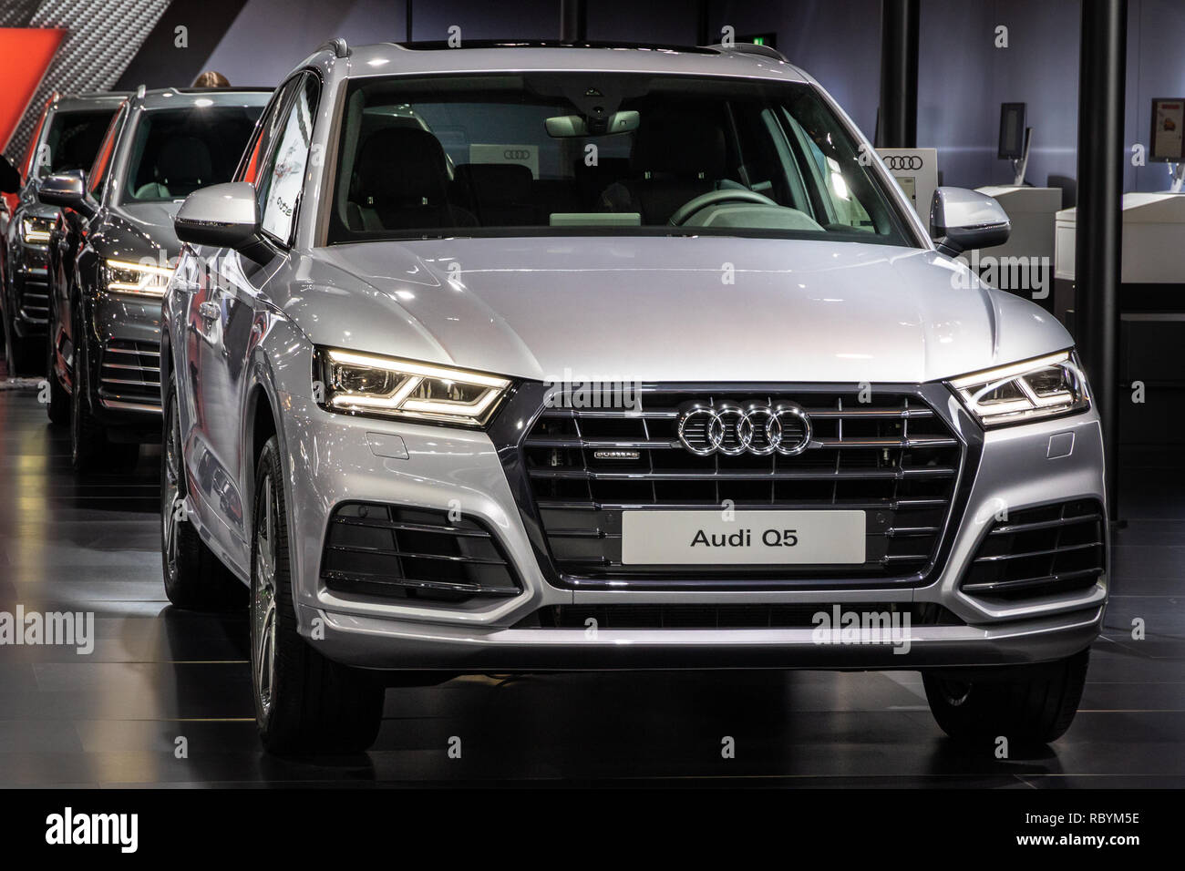 BRUSSELS - JAN 10, 2018: New Audi Q5 SUV car showcased at the Brussels Expo Autosalon motor show. Stock Photo
