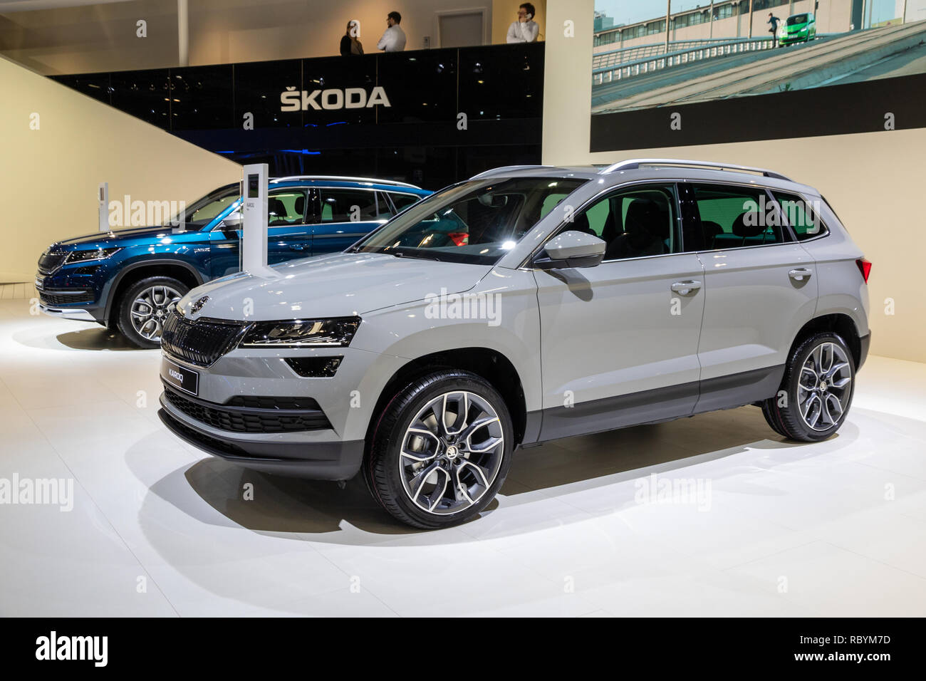 BRUSSELS - JAN 10, 2018: Skoda Karoq compact SUV car showcased at the Brussels Expo Autosalon motor show. Stock Photo