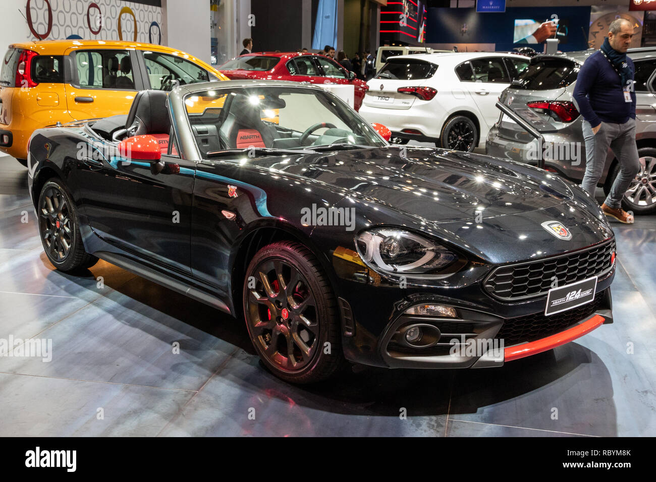 BRUSSELS - JAN 10, 2018: Abarth 124 Spider car showcased at the Brussels Expo Autosalon motor show. Stock Photo