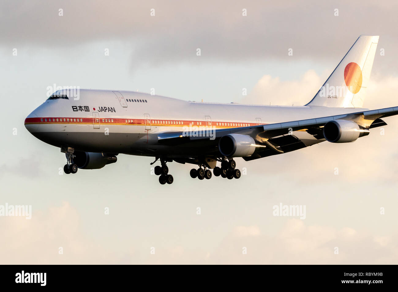 AMSTERDAM, THE NETHERLANDS - JAN 9, 2019: Japanese Air Force One Boeing 747 aircraft bringing the Prime Minister of Japan Shinzo Abe for a short visit Stock Photo