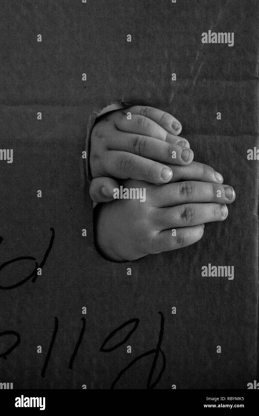 A symbolic photo of kid's hands reaching out from a cardboard box Stock Photo
