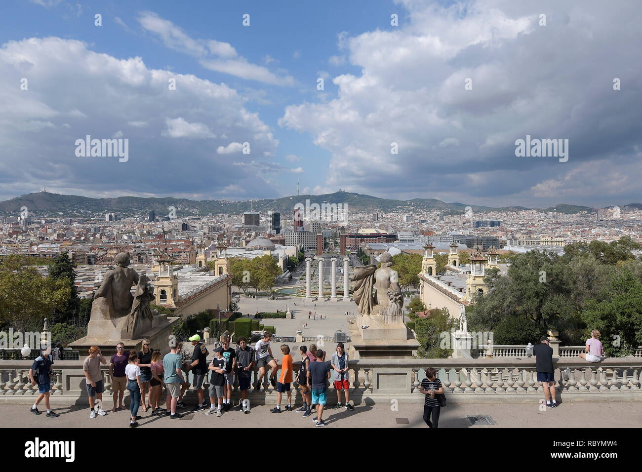 Barcelona, Spain. On the steps of the  National Museum of Art , you can see the Plaza de Espana and the hills of Tibidabo. Stock Photo