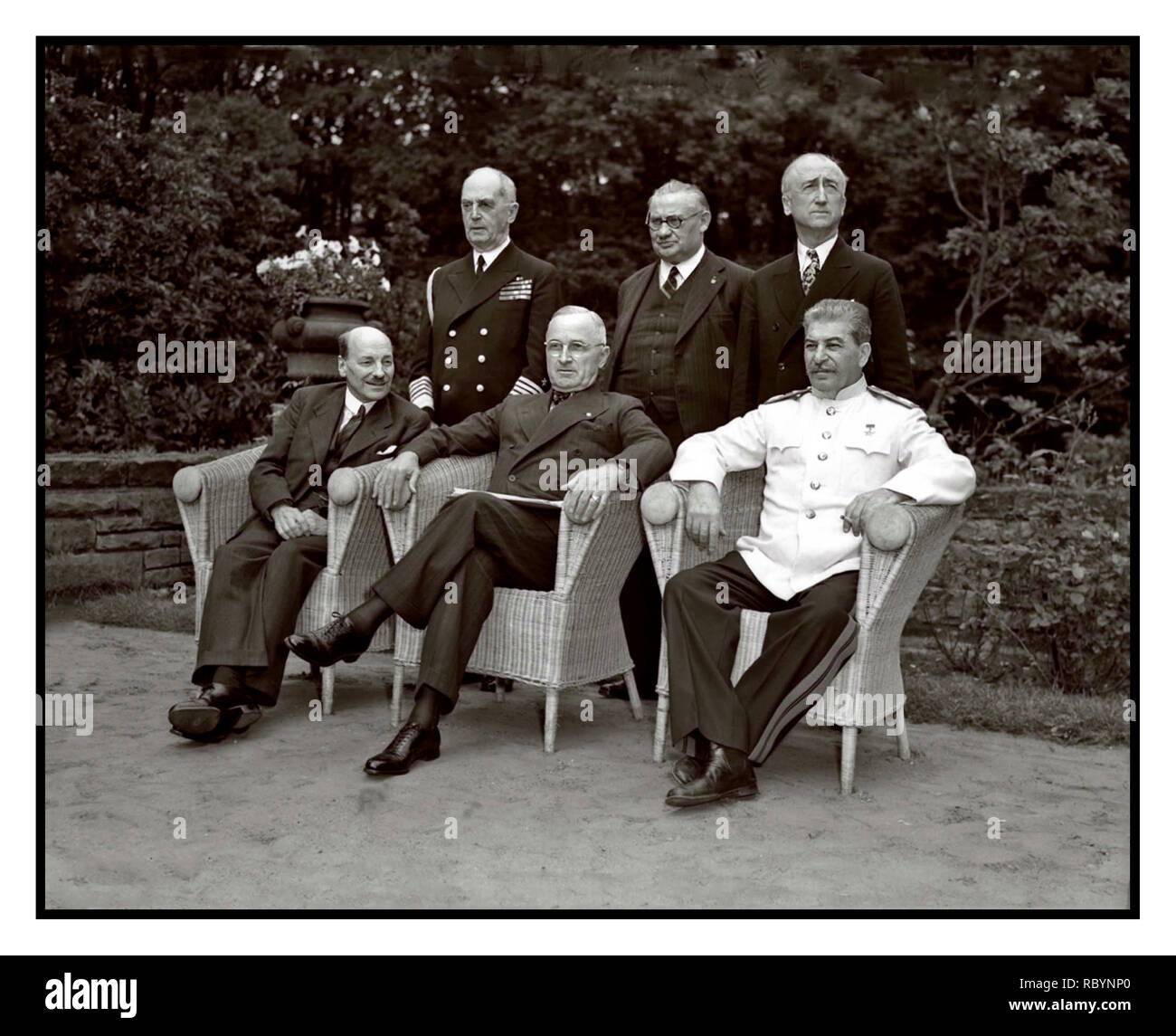 Leaders of the “Big Three” countries of the anti-Hitler coalition at the Potsdam conference: British Prime Minister (since July 28, 1945) Clement Attlee, US President Harry Truman, Chairman of the USSR Council of People’s Commissars and Chairman of the State Defense Committee of the USSR, Joseph Stalin. The Potsdam conference was held in Potsdam from July 17 to August 2, 1945 with the aim of determining the further steps for the post-war arrangement of Europe. Location: Potsdam, Germany Date: July-August 1945 Stock Photo