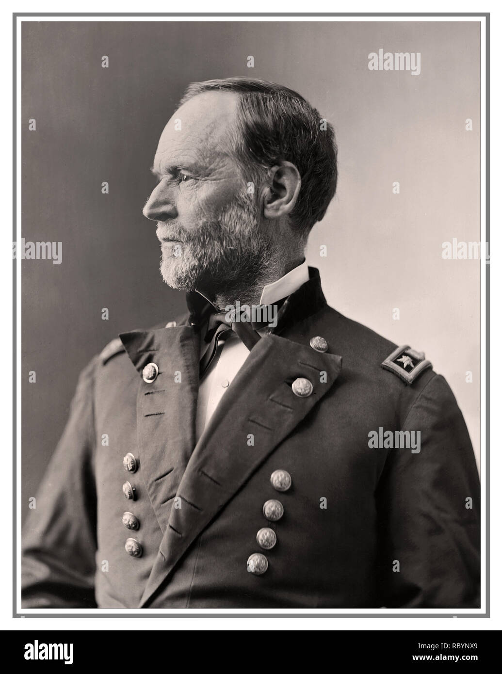 GENERAL SHERMAN UNION ARMY GENERAL Archive Portrait of General William Tecumseh Sherman,  Wm T. U.S.A. (between 1865 and 1880) General in the Union Army where he fought with distinction in the civil war William Tecumseh Sherman (February 8, 1820 – February 14, 1891) was an American soldier, businessman, educator, and author. He served as a general in the Union Army during the American Civil War (1861–65), for which he received recognition for his outstanding command of military strategy as well as criticism for the harshness of the scorched earth policies he implemented in conducting total war Stock Photo