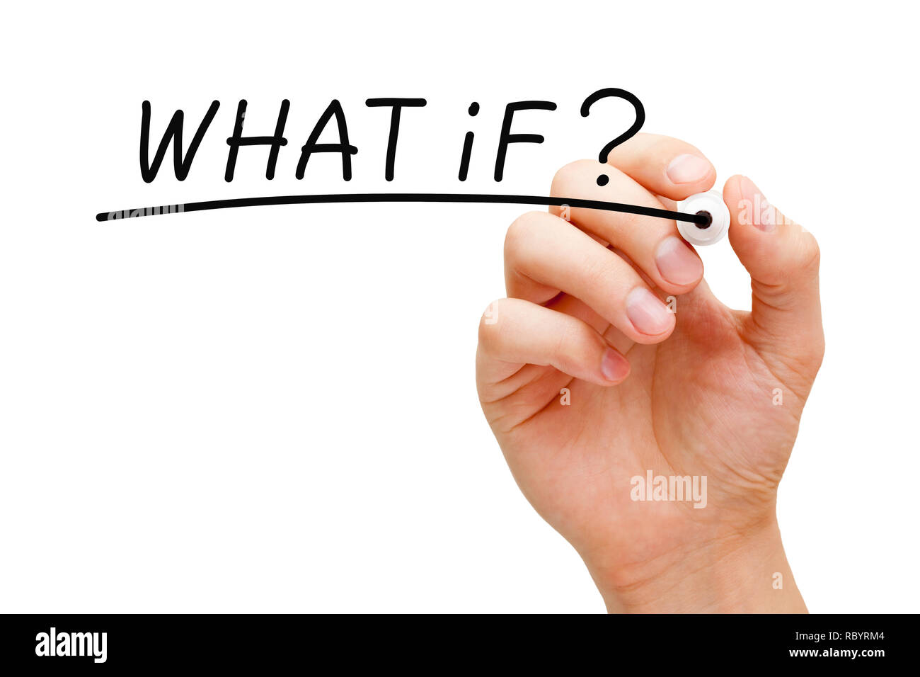Hand writing the question What If? with black marker on transparent wipe board isolated over white. Stock Photo