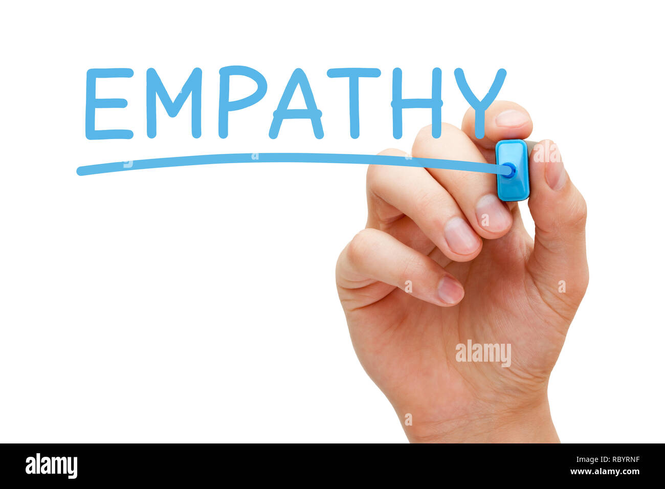 Hand writing the word Empathy with blue marker on transparent wipe board isolated on white. Stock Photo