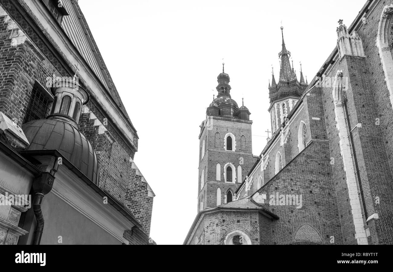 Black and white photo of St Mary's Basilica in Krakow, Poland Stock Photo