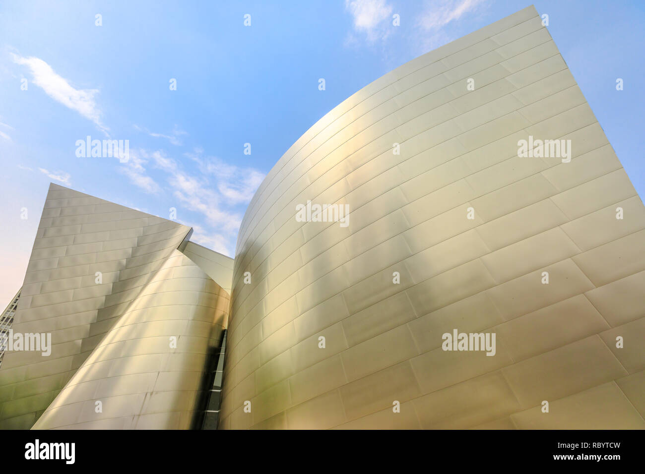Los Angeles, California, United States - August 9, 2018: futuristic architecture background. Closeup of Walt Disney Concert Hall, by Frank Gehry, home to Los Angeles Philharmonic Orchestra and Choir. Stock Photo