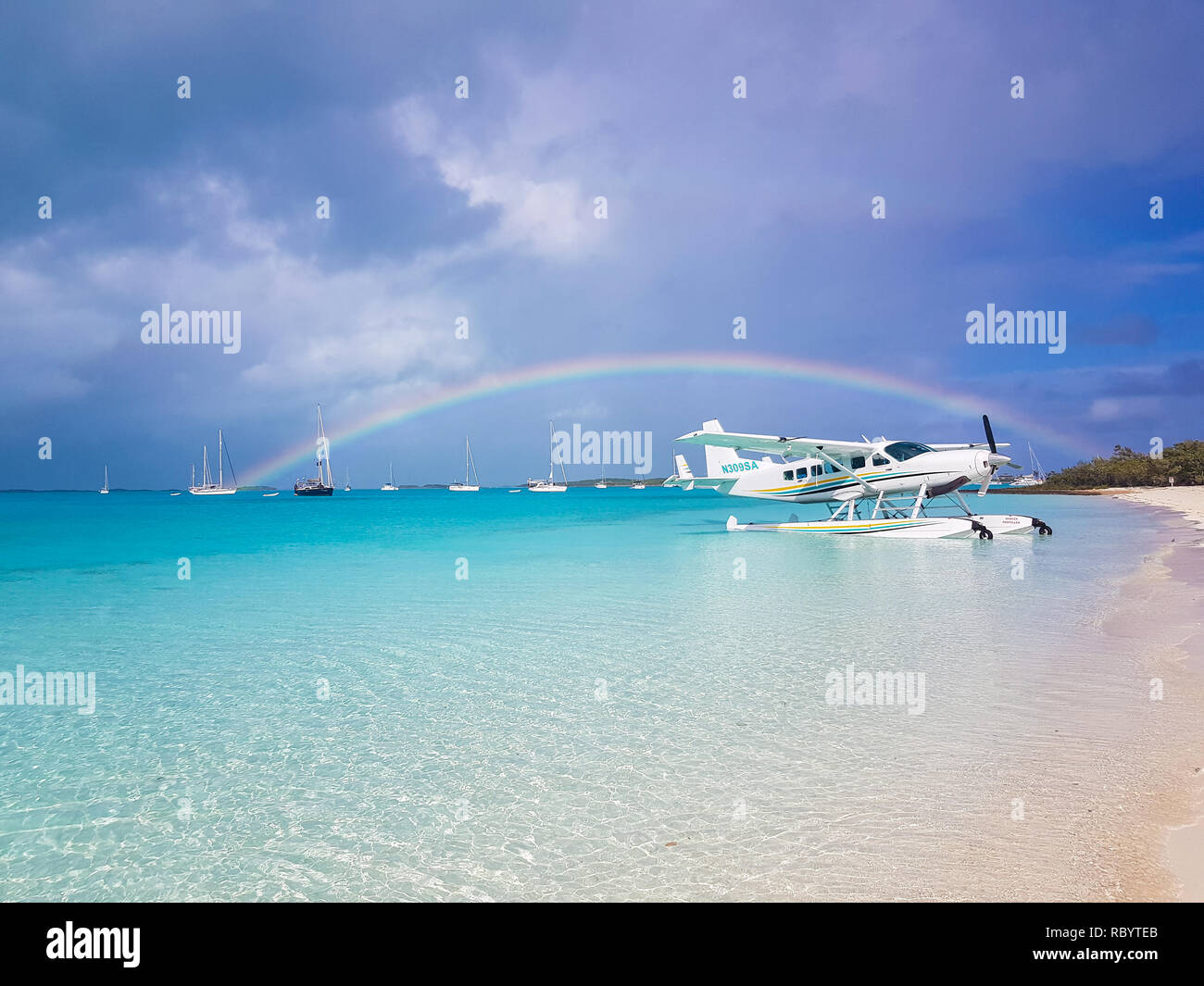 Sea Plane landed in Exuma, Bahamas Stock Photo