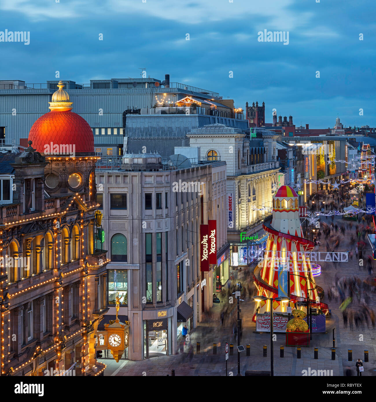 Northumberland Street at dusk at Christmas, Newcastle upon Tyne, North East England, England, United Kingdom Stock Photo