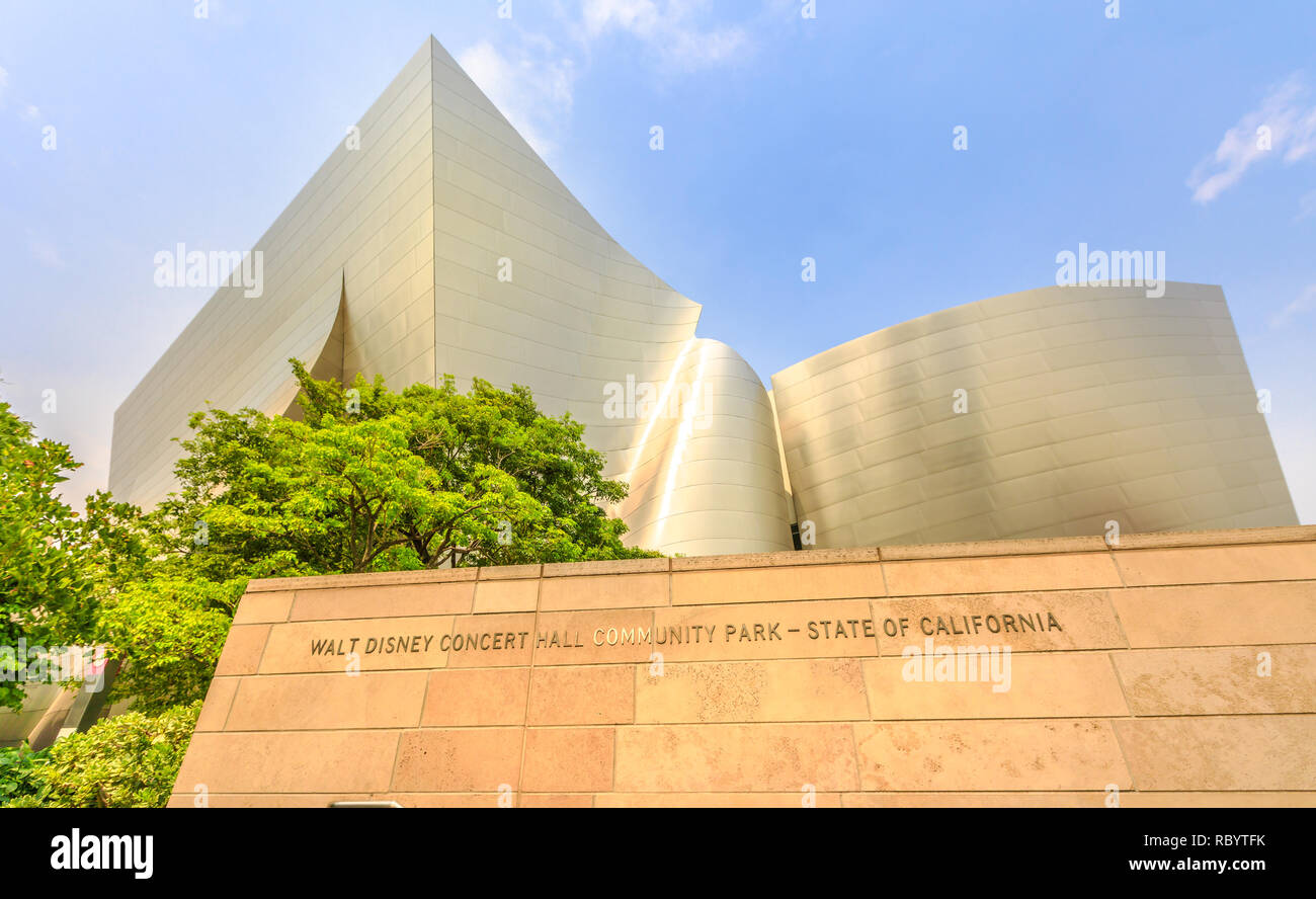 Los Angeles, California, United States - August 9, 2018: futuristic structure of Walt Disney Concert Hall designed by Frank Gehry. Iconic architecture on Grand Avenue, Bunker Hill, Downtown of LA. Stock Photo