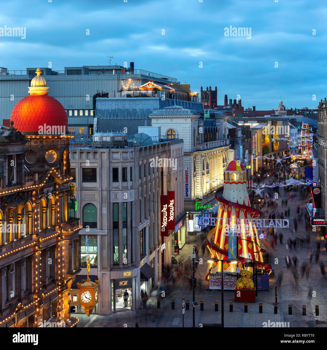 Northumberland Street at dusk at Christmas, Newcastle upon Tyne, North East England, England, United Kingdom Stock Photo