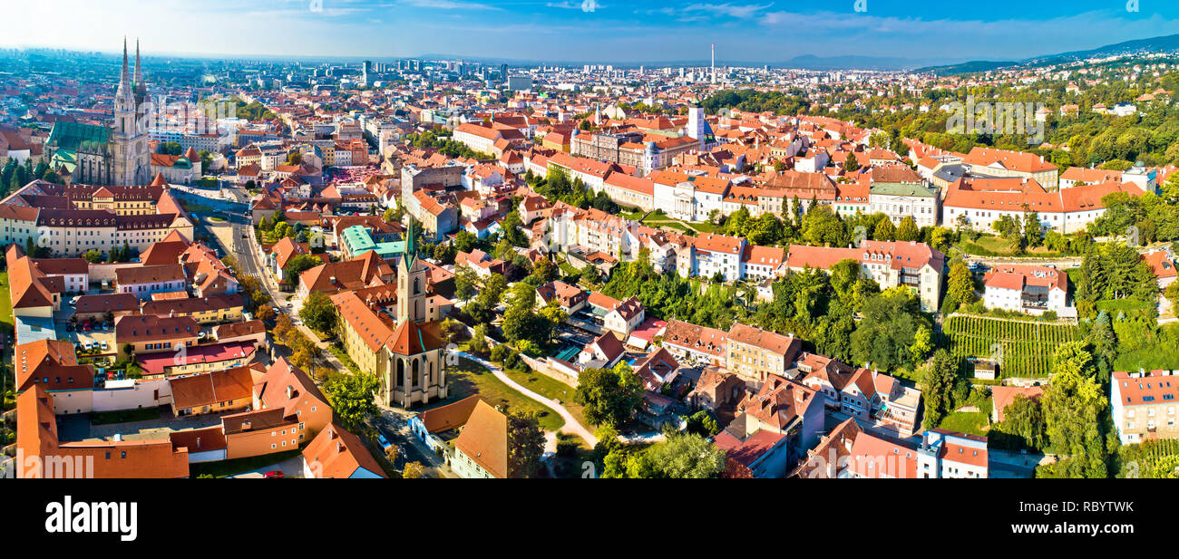 Zagreb cathedral and upper city aerial panoramic view, capital of Croatia Stock Photo