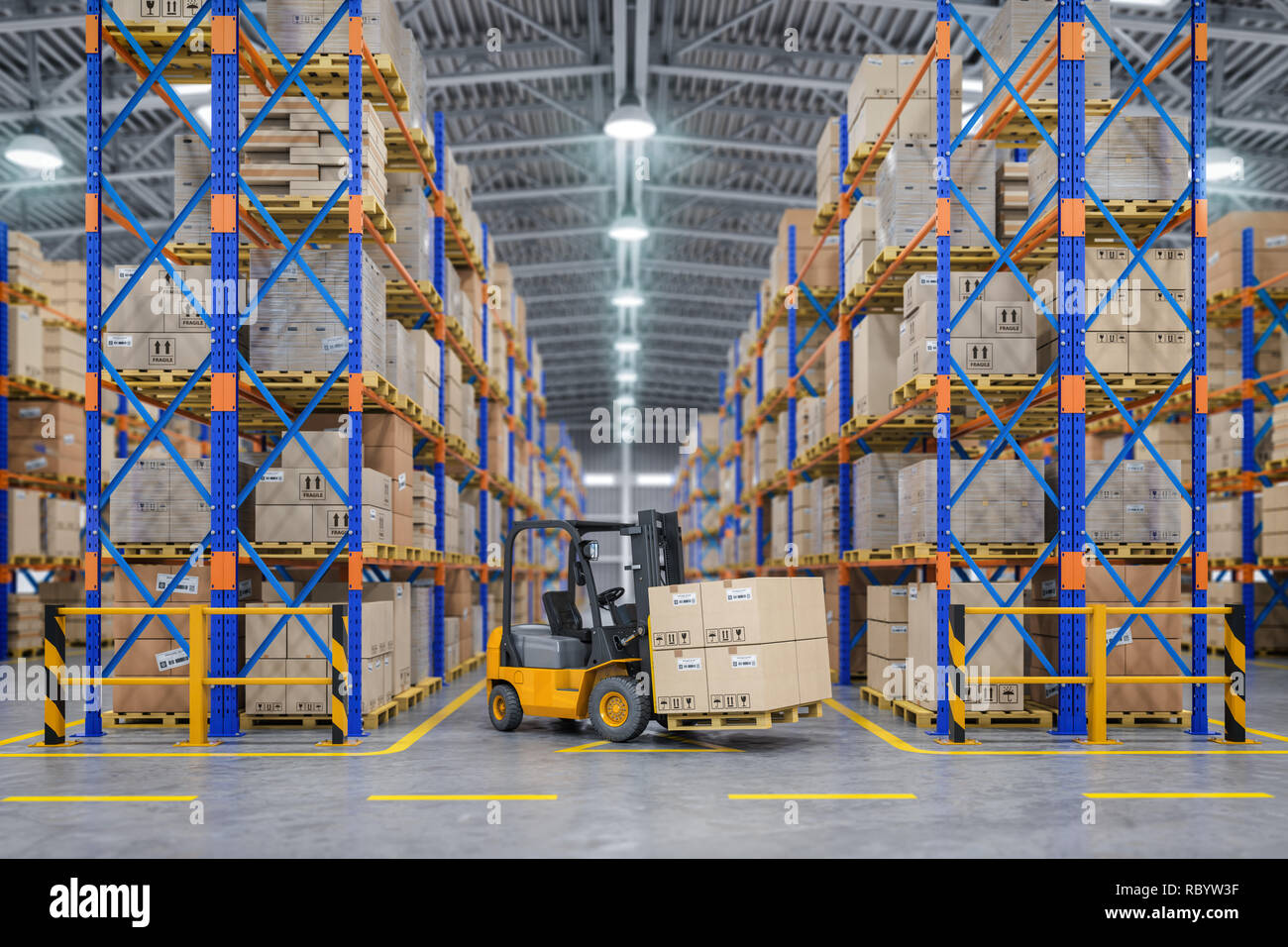 Forklift truck in warehouse or storage and shelves with cardboard boxes ...