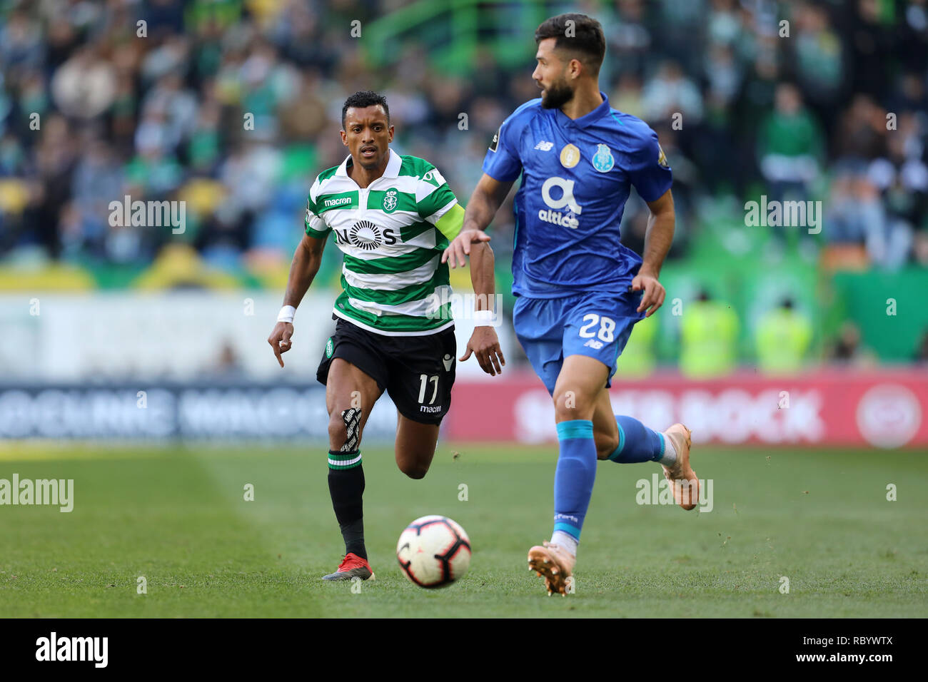 Nani of Sporting CP (L) and Felipe of FC Porto (R) are seen in action during the League NOS 2018/19 football match between Sporting CP vs FC Porto. (Final score: Sporting CP 0 - 0 FC Porto) Stock Photo