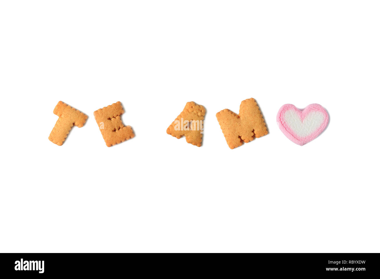 The word TE AMO Meaning I LOVE YOU in Spanish spelled with alphabet shaped biscuits and a heart shaped marshmallow candy on white background Stock Photo