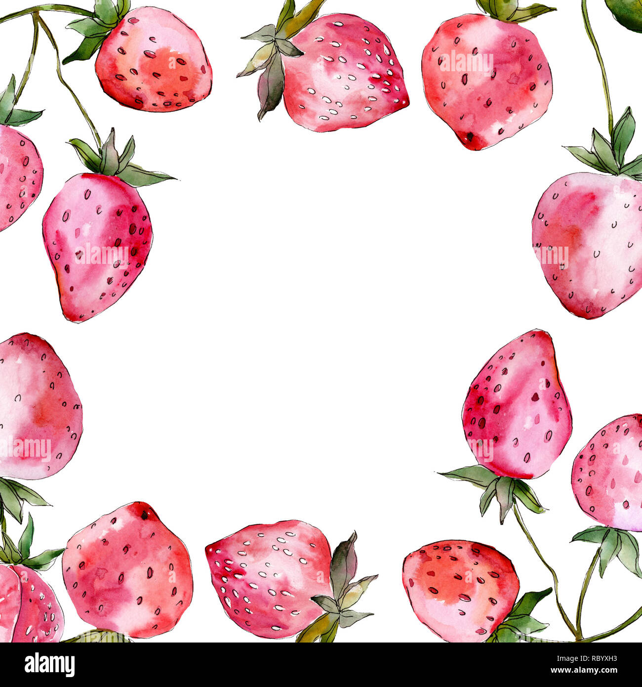 Strawberry fruits. Green leaf. Watercolor background illustration set