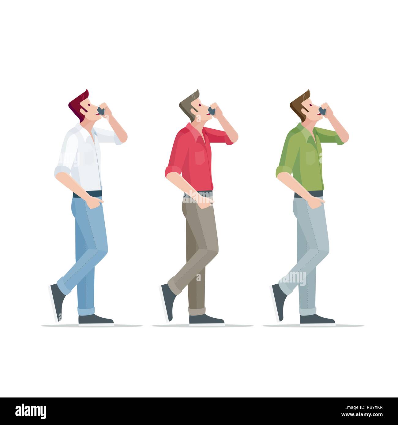 Man is talking on the phone with different clothes. Vector illustration. Stock Vector