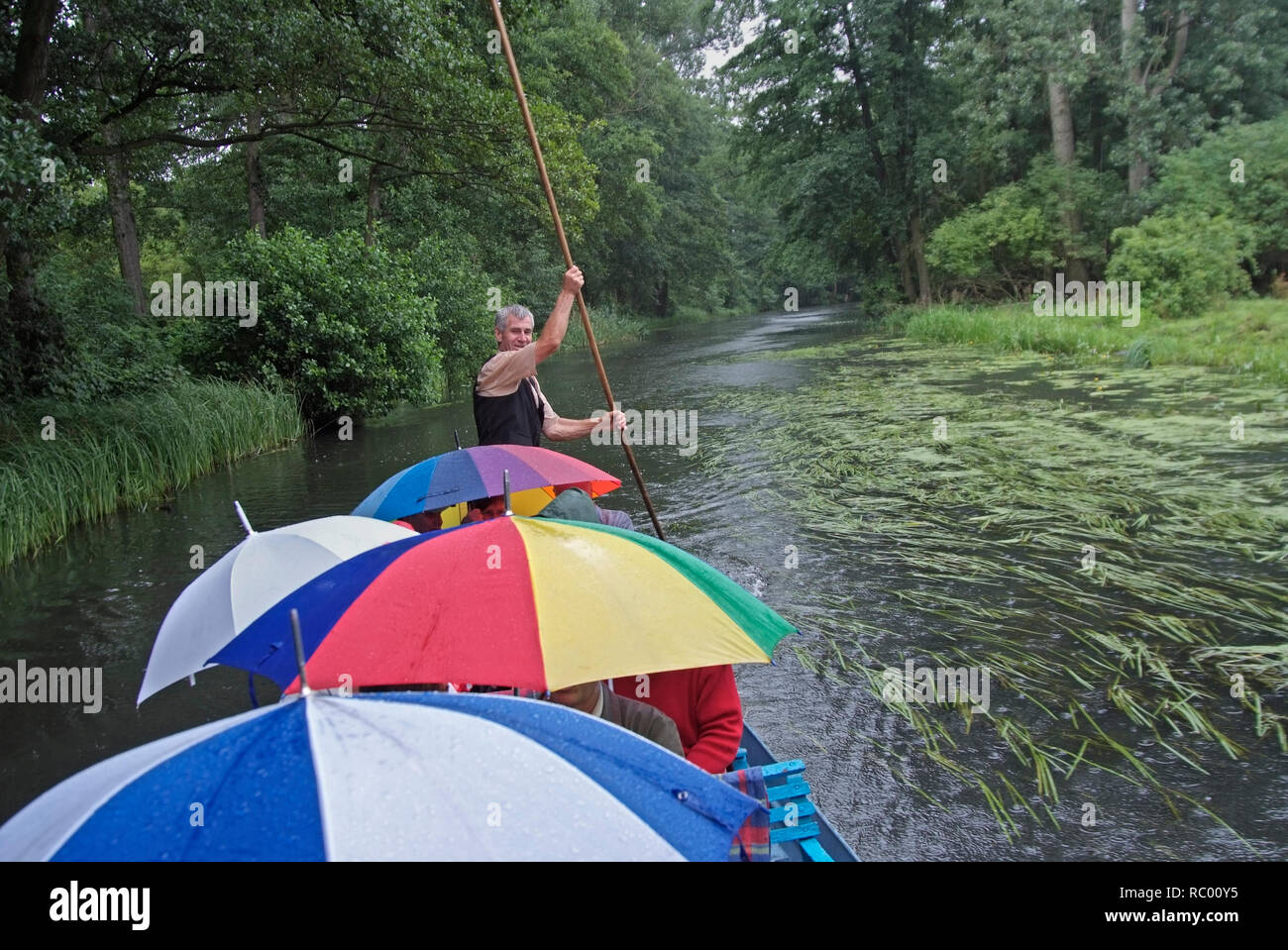 Fahrt mit einem typischen Spreewaldkahn bei Regenwetter, hier auf der Hauptspree, Spreewald, Landkreis Oberspreewald-Lausitzkreis, Land Brandenburg, D Stock Photo