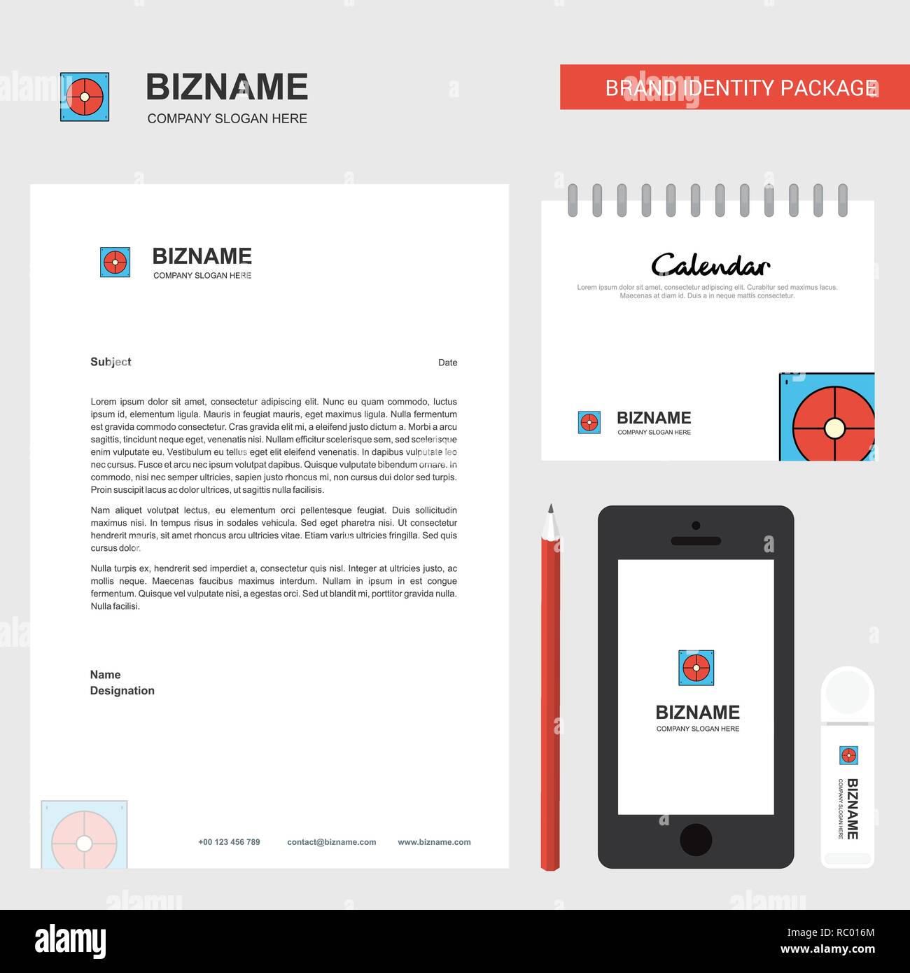 Target Business Letterhead, Calendar 2019 and Mobile app design vector