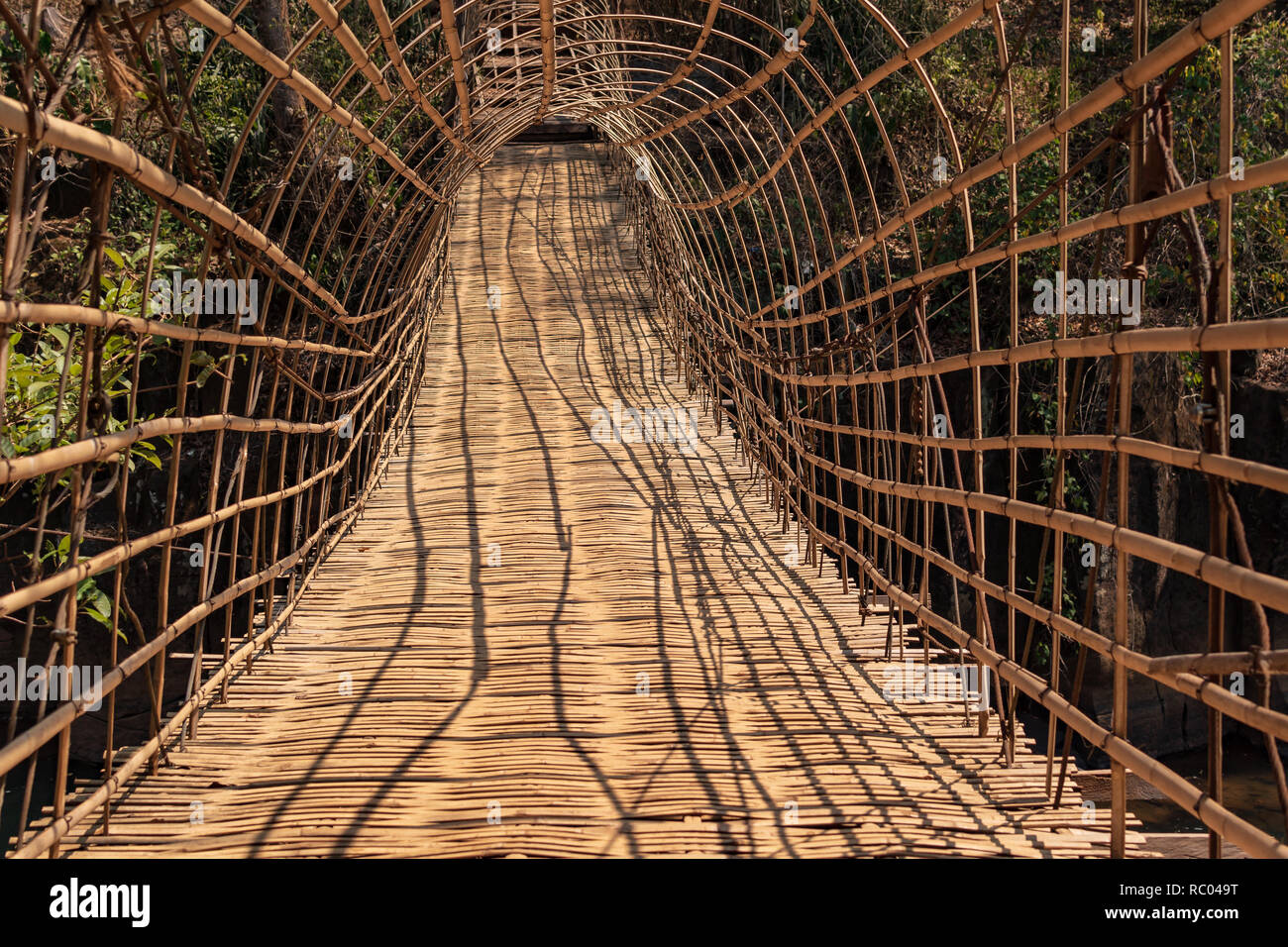 Wooden with bamboo bridge for cross over stream river from Tad Pha Suam waterfalls in Pakse, Champasak, Laos Stock Photo