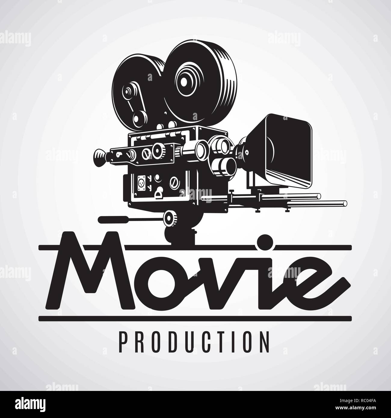 Old fashioned movie film camera, logo design template, black and white vector illustration. Stock Vector