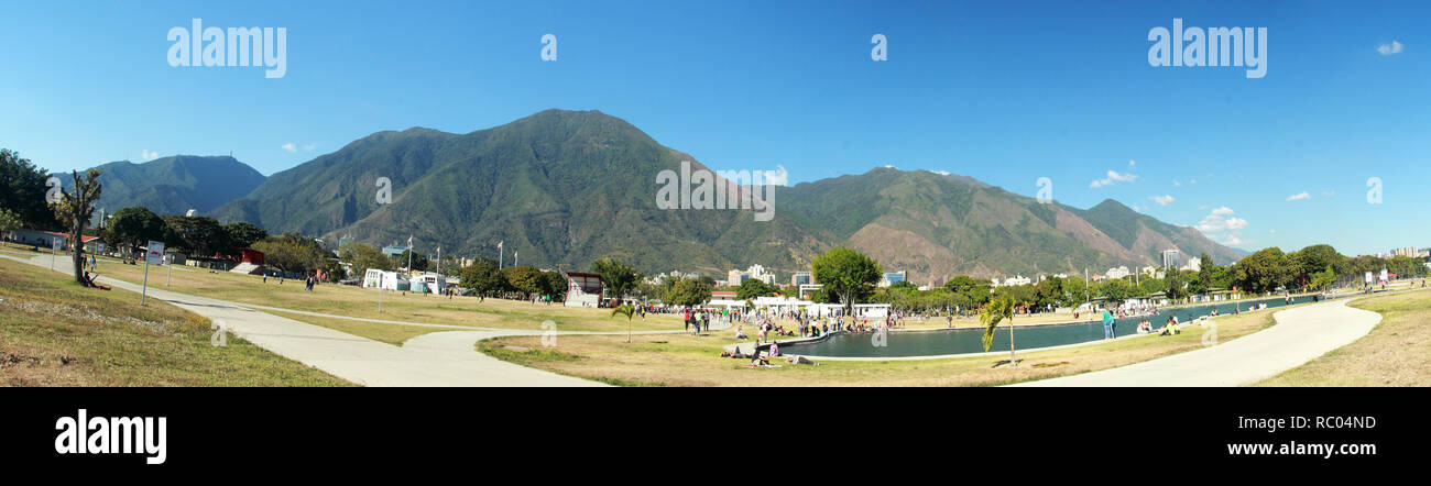 Panoramic view of Cerro El Avila National Park in Caracas Venezuela as seen from Simon Bolivar Park with lake Stock Photo