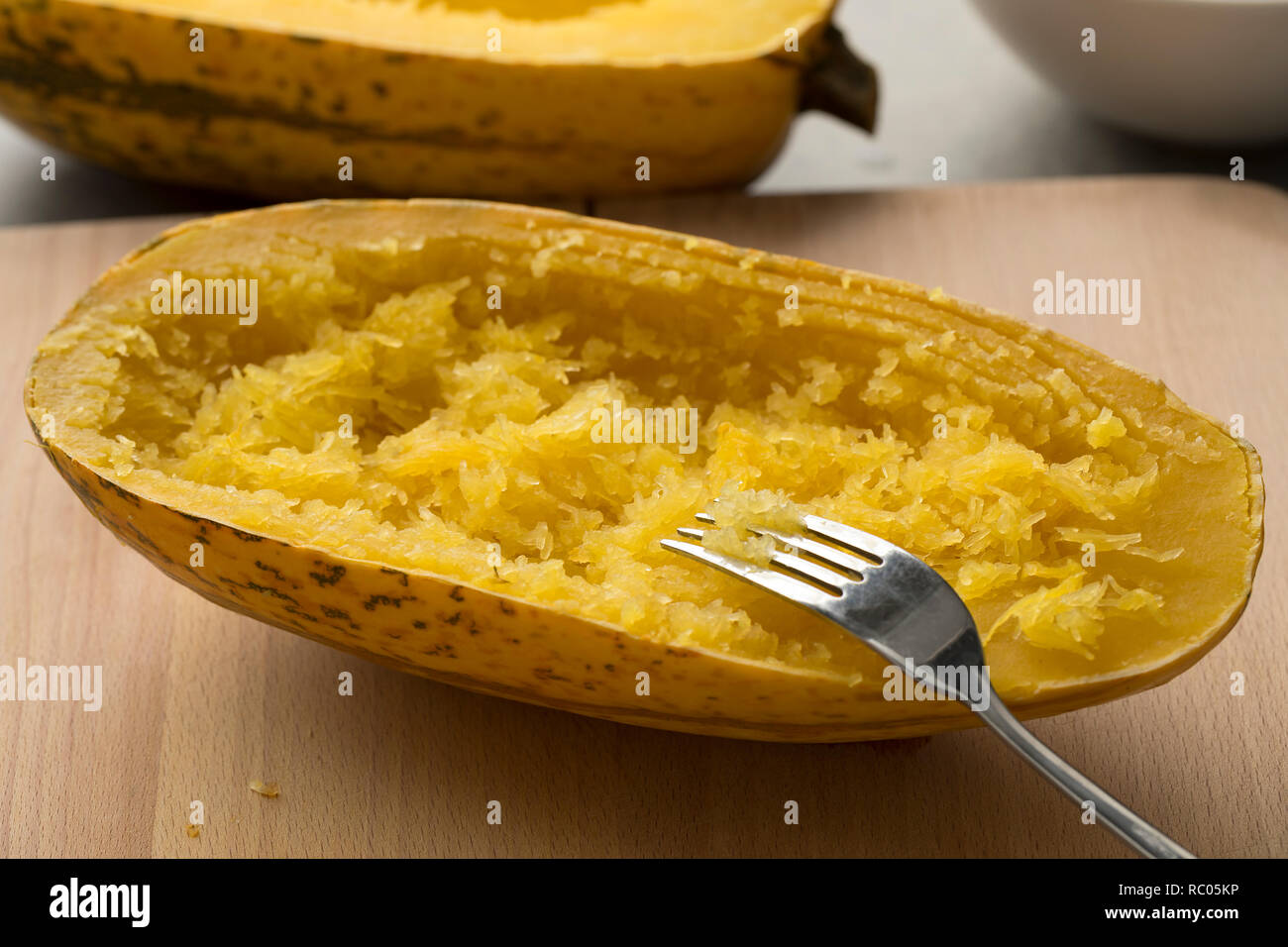 Halved cooked spaghetti squash close up Stock Photo