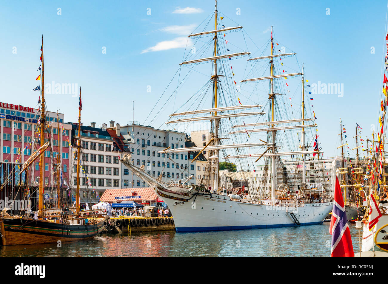 Various sailing ships including Statsraad Lehmkhul The Tall Ship Races 2014 held in Bergen, Norway Stock Photo