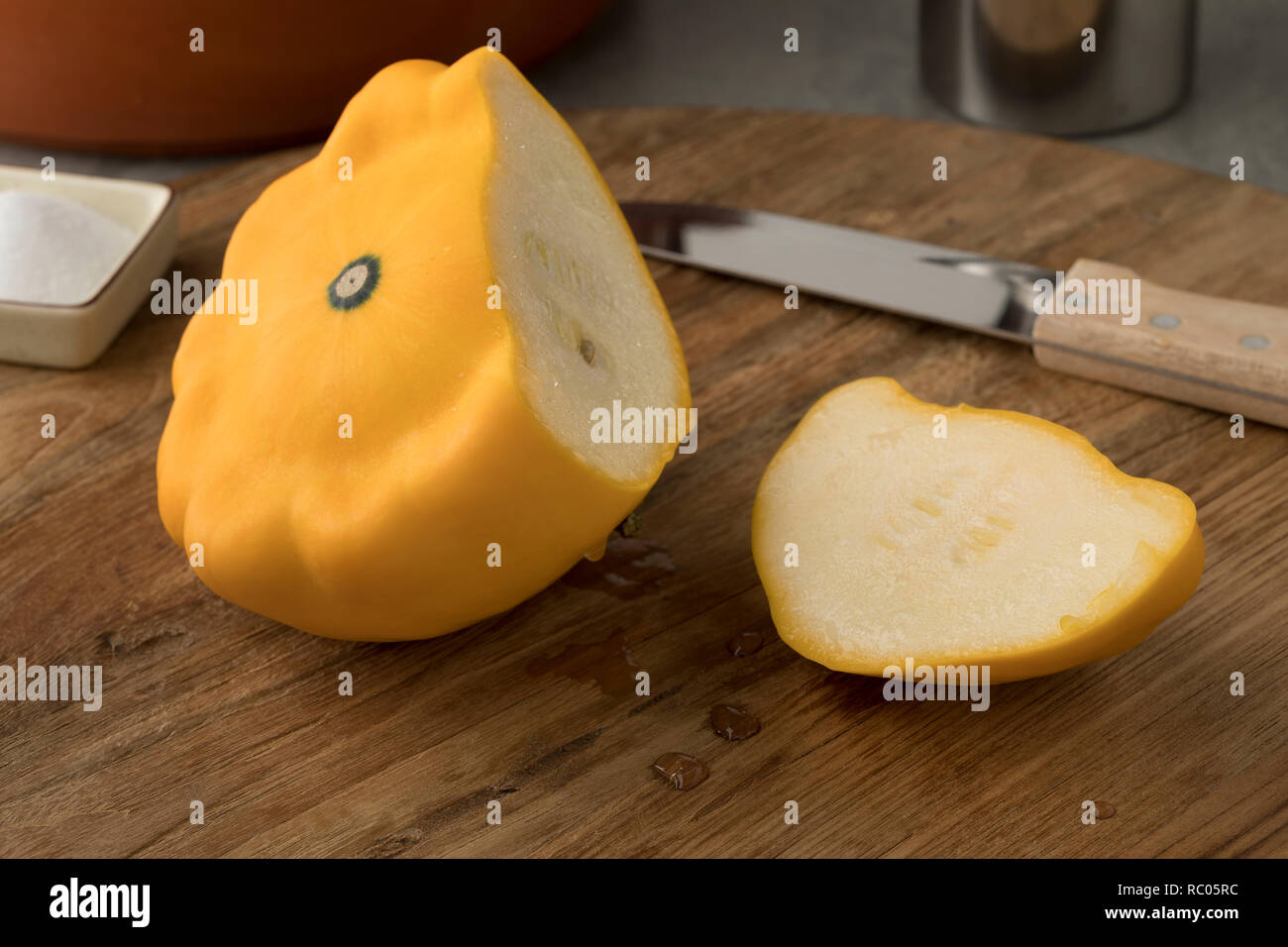 Fresh raw yellow pattison and a slice Stock Photo