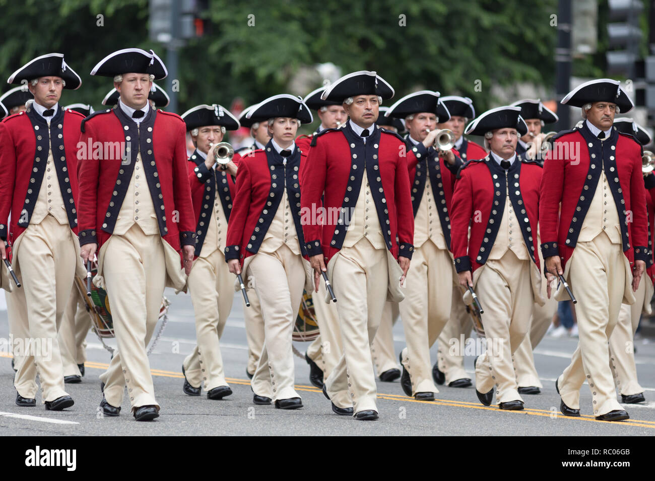 Washington, D.C., USA - May 28, 2018: The National Memorial Day Parade, Members of The U.S. Army Old Guard Fife and Drum Corps, marching down Constitu Stock Photo