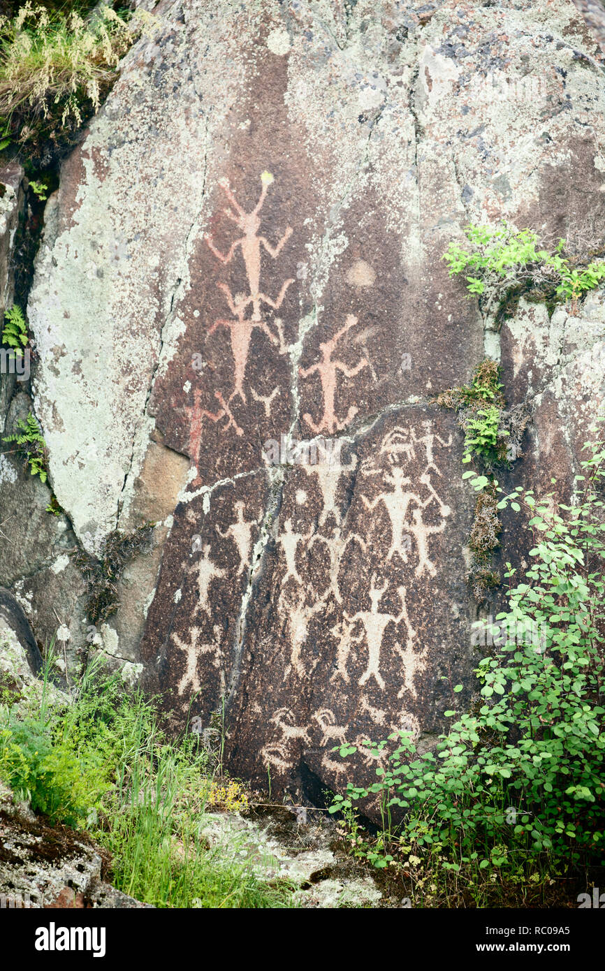 Native American petroglyphs at Buffalo Eddy in the Snake River in Hells Canyon National Recreation Area. Stock Photo